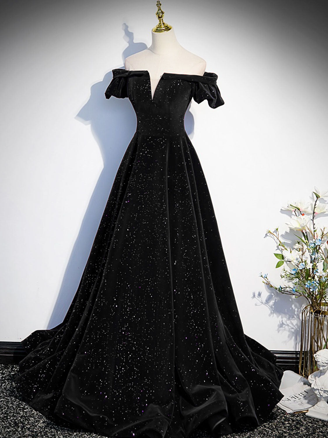 Simple Black Velvet Off the Shoulder Formal Dress - DollyGown