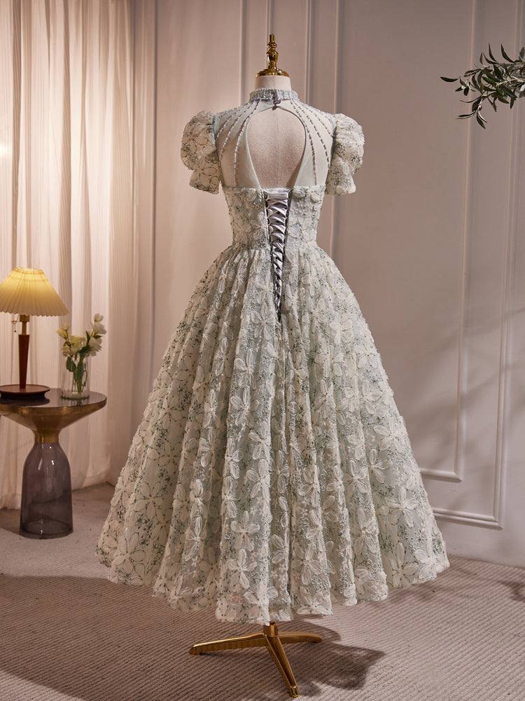Modest 3D Flora Material Calf Length Prom Dress with Short Sleeves - DollyGown