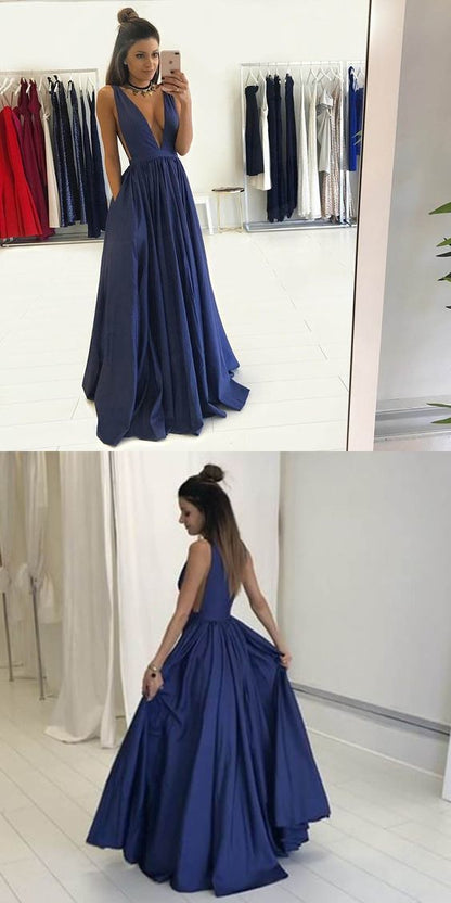 Sexy Blue Simple Formal Prom Dress with Pockets Long Evening Dress in Deep V Neck,18021603-Dolly Gown