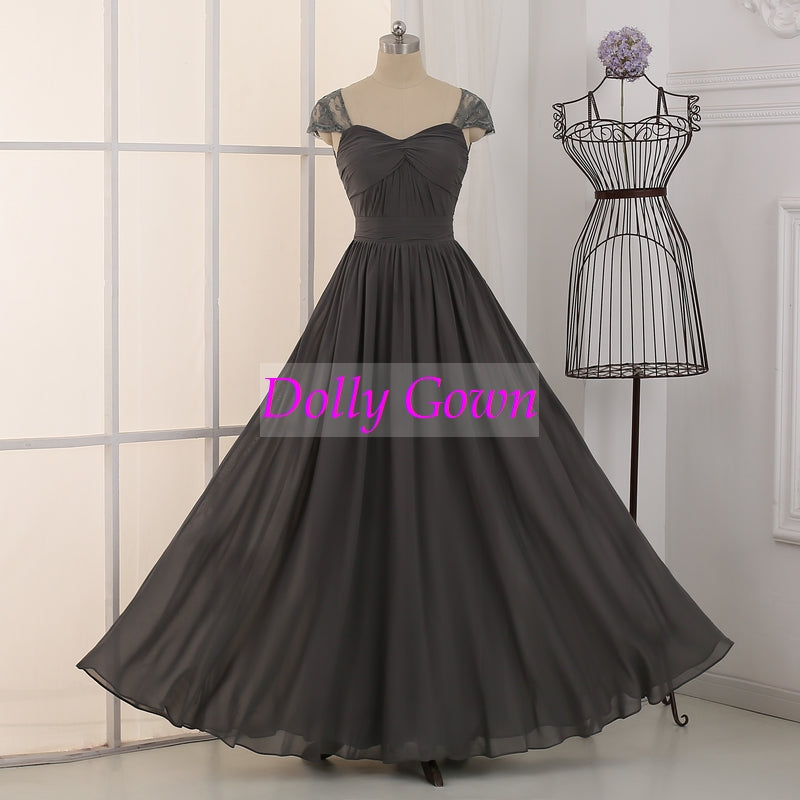 Cap Sleeves Dark Grey Long Chiffon Bridesmaid Dresses with Open Back Cap Sleeves Dark Grey Long Chiffon Bridesmaid Dresses with Open Back