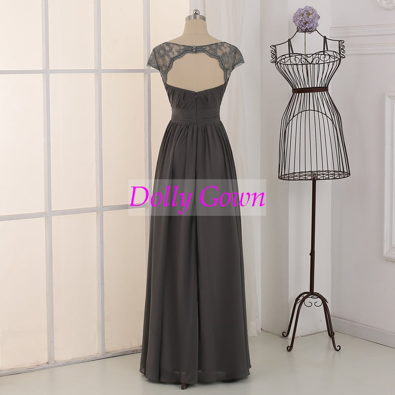 dark gray bridesmaid dresses Cap Sleeves Dark Grey Long Chiffon Bridesmaid Dresses with Open Back
