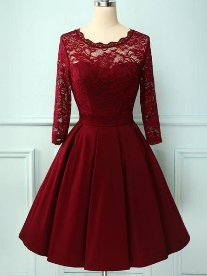 1950s Burgundy Lace Short Prom Dress with Sleeves,21121308 - DollyGown