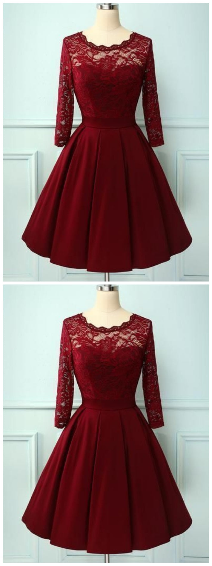 1950s Burgundy Lace Short Prom Dress with Sleeves,21121308 - DollyGown
