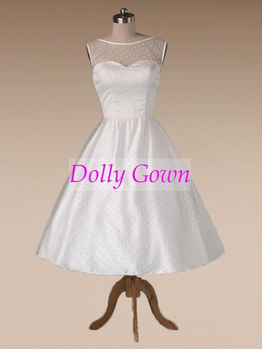 1950s Polka Dotted Vintage Wedding Dress Tea Length with Satin Binding,Pin Up 50s Style Short Wedding Dress,DO021 - DollyGown