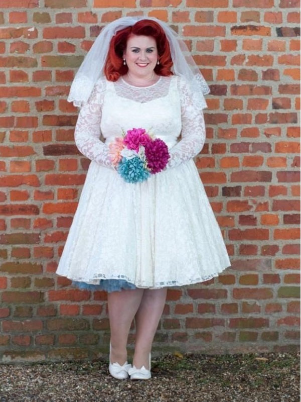 1950s Style Lace Short Vintage Wedding Dresses Plus Size with Sleeves WS041 - DollyGown