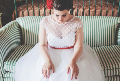1950s Vintage Cap Sleeved  Polka Dots Tea Length Rockabilly Wedding Dress,20110641 - DollyGown