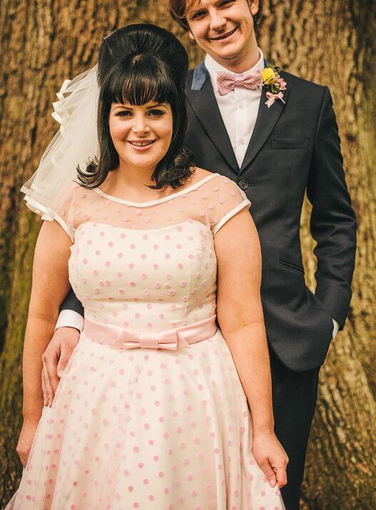 pink polka dot wedding dress Puffy Sleeve A-line Polka Dot Wedding Gown HAREM's Brides
