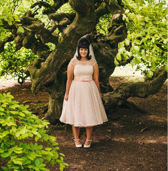 1950s Vintage Short Pink Polka Dot Retro Wedding Dress Tea Length 1950s Vintage Short Pink Polka Dot Retro Wedding Dress Tea Length