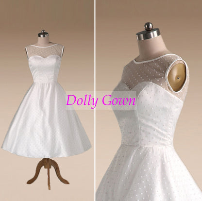 1950s Polka Dotted Vintage Wedding Dress Tea Length with Satin Binding,Pin Up 50s Style Short Wedding Dress,DO021 - DollyGown