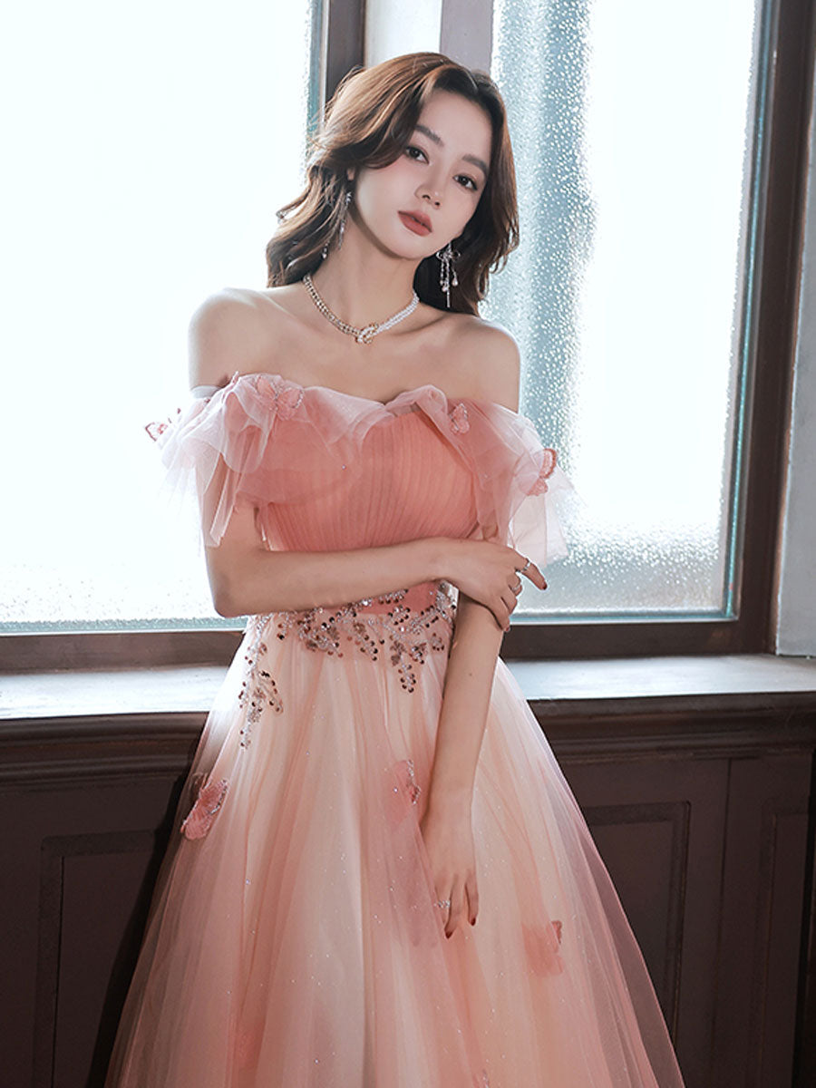 Peach Pink Off The Shoulder A-line Maxi Long Prom Dress Peach Pink Off The Shoulder A-line Maxi Long Prom Dress