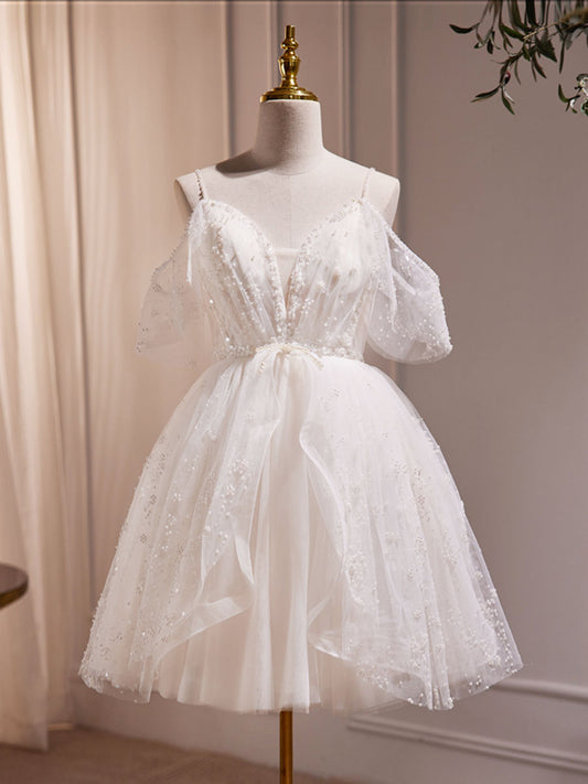 Modern Sweet Off Shoulders Spaghetti Strap Sheer Short Knee Length Wedding Dress - DollyGown