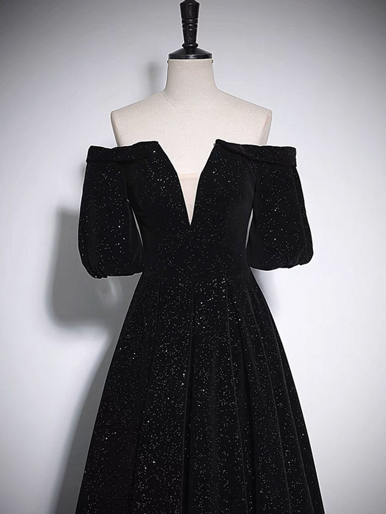 Black Off The Shoulder Velvet Evening Dress Prom Dress - DollyGown