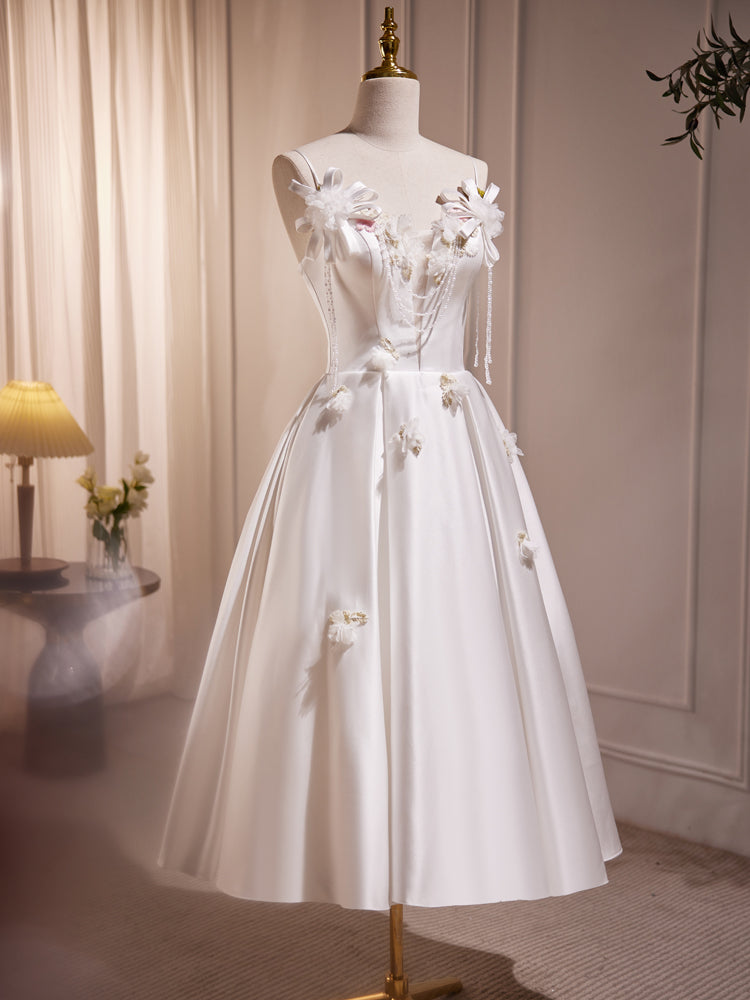 Spaghetti Strap Tea Length White Prom Dress Homecoming Dress - DollyGown