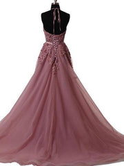 2019 Long Sweep Train Halter Dazzling Top Tulle Modest Prom Dress, GDC1160 - DollyGown