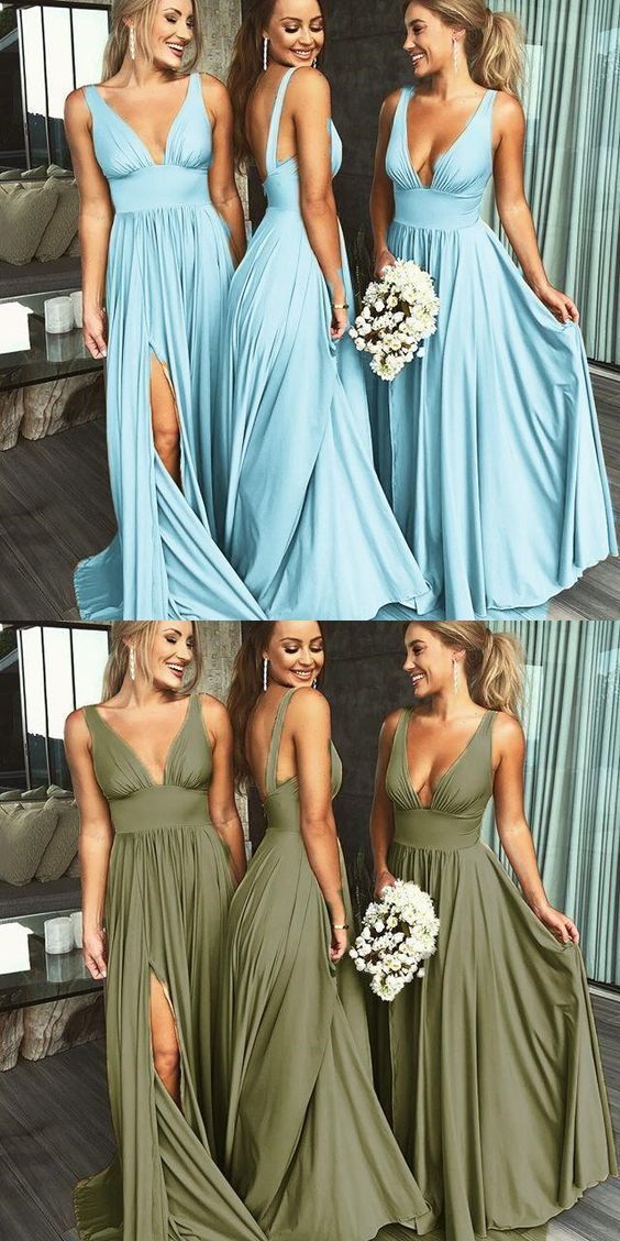 Sexy Blue Long Fall Deep V neck Fall Bridesmaid Gowns with Slit Sexy Blue Long Fall Deep V neck Fall Bridesmaid Gowns with Slit
