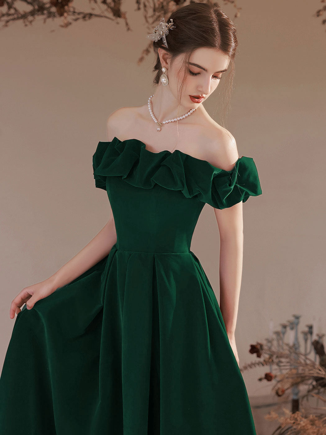 emerald green ruffle prom dress Emerald Green Square Neck Ruffle Slit Prom Dress Formal Dress TP1270 Custom Size / Custom Color