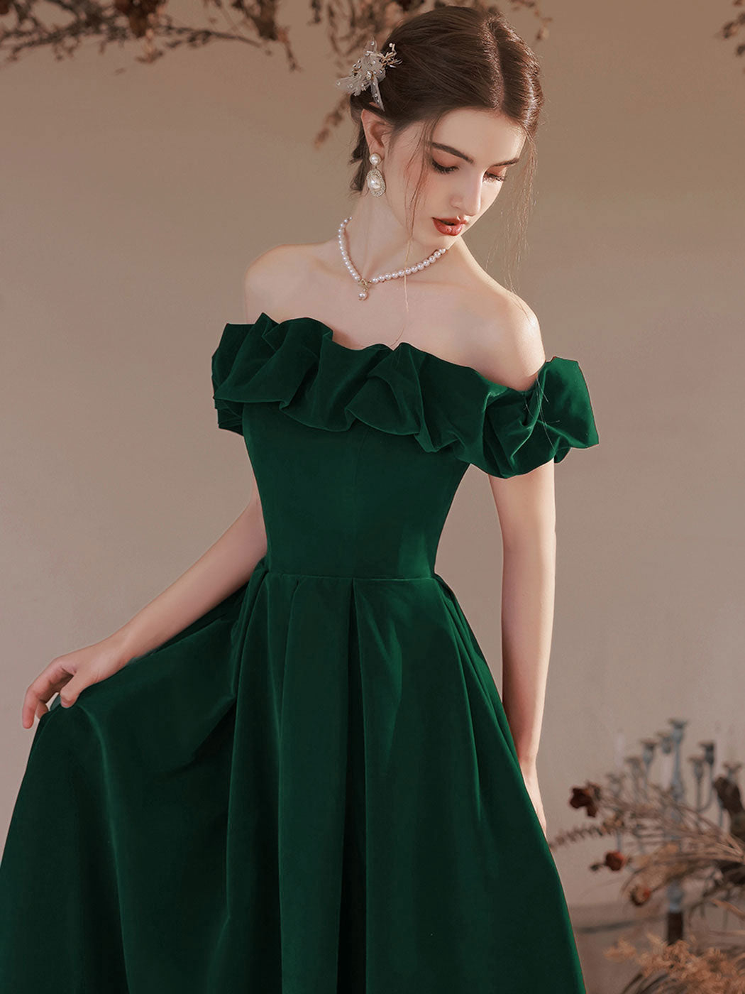Emerald Green Off The Shoulder A-line Prom Dress - DollyGown