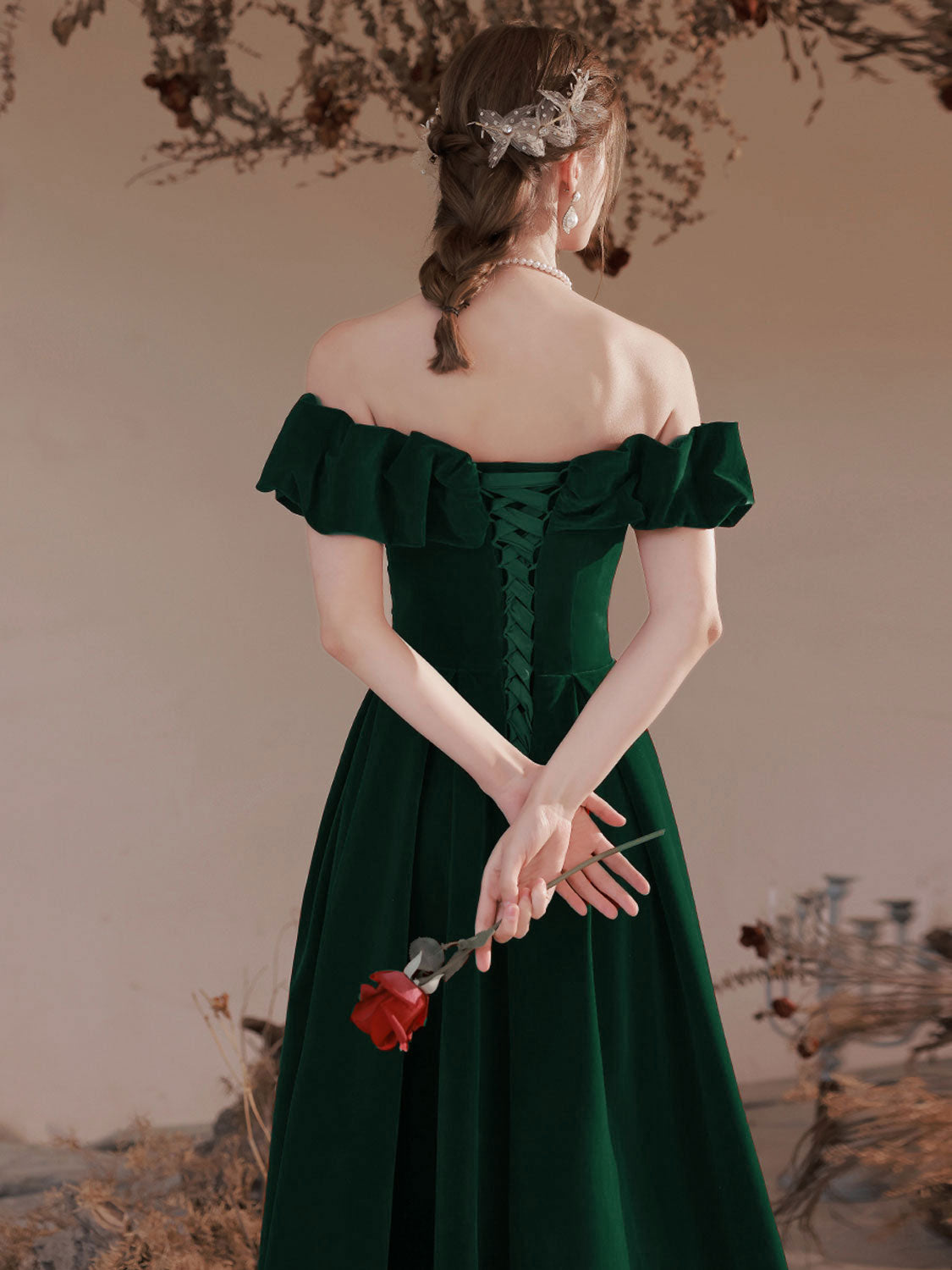 Emerald Green Off The Shoulder A-line Prom Dress - DollyGown