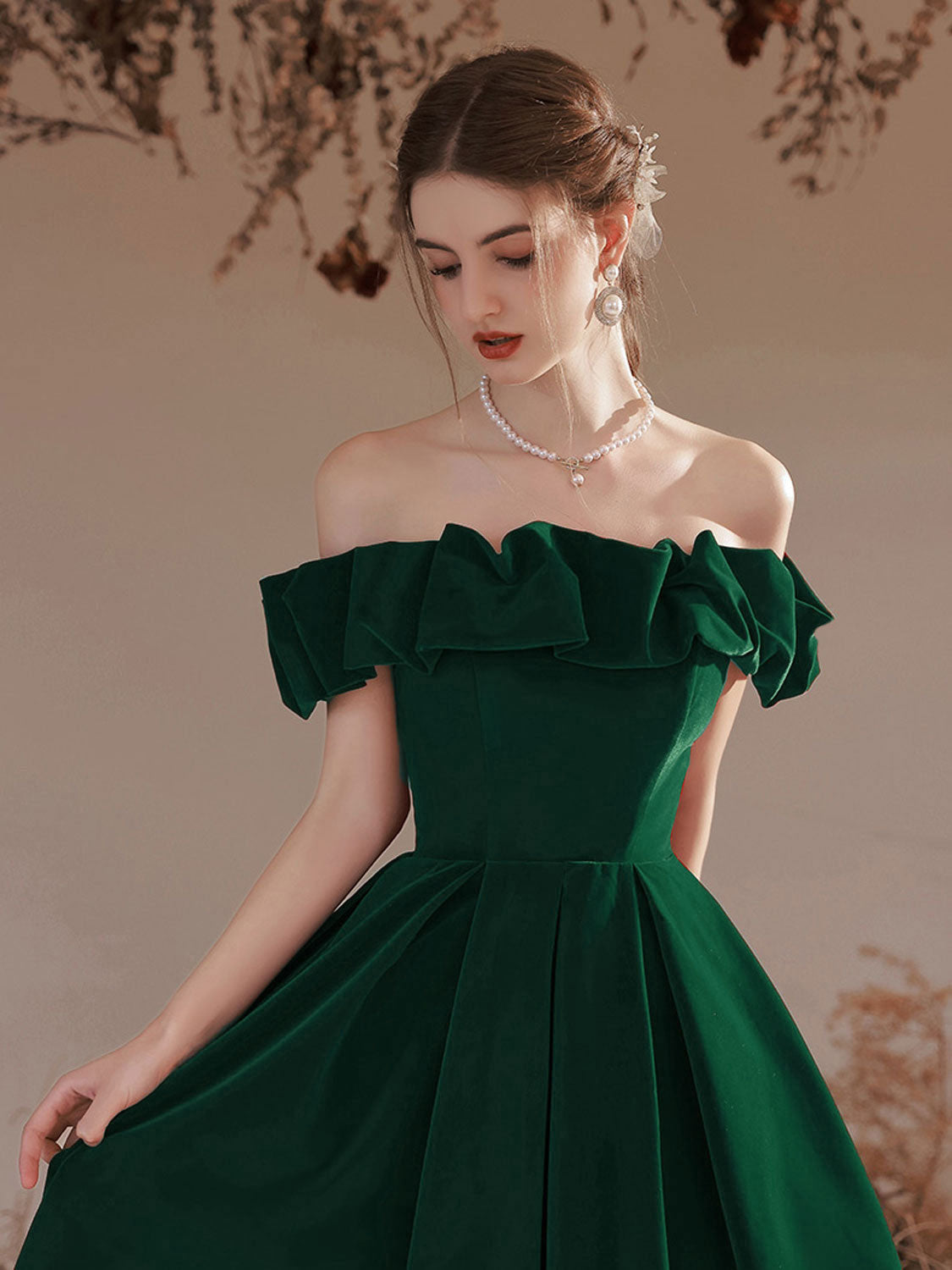 Emerald Green Off The Shoulder A-line Prom Dress - DollyGown