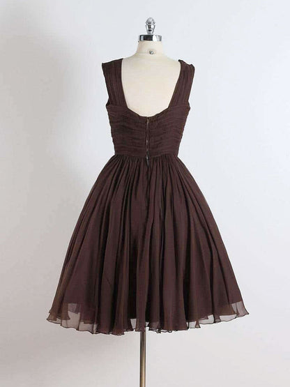 50s Style Square Neck Brown Vintage Short Bridesmaid Dress - DollyGown