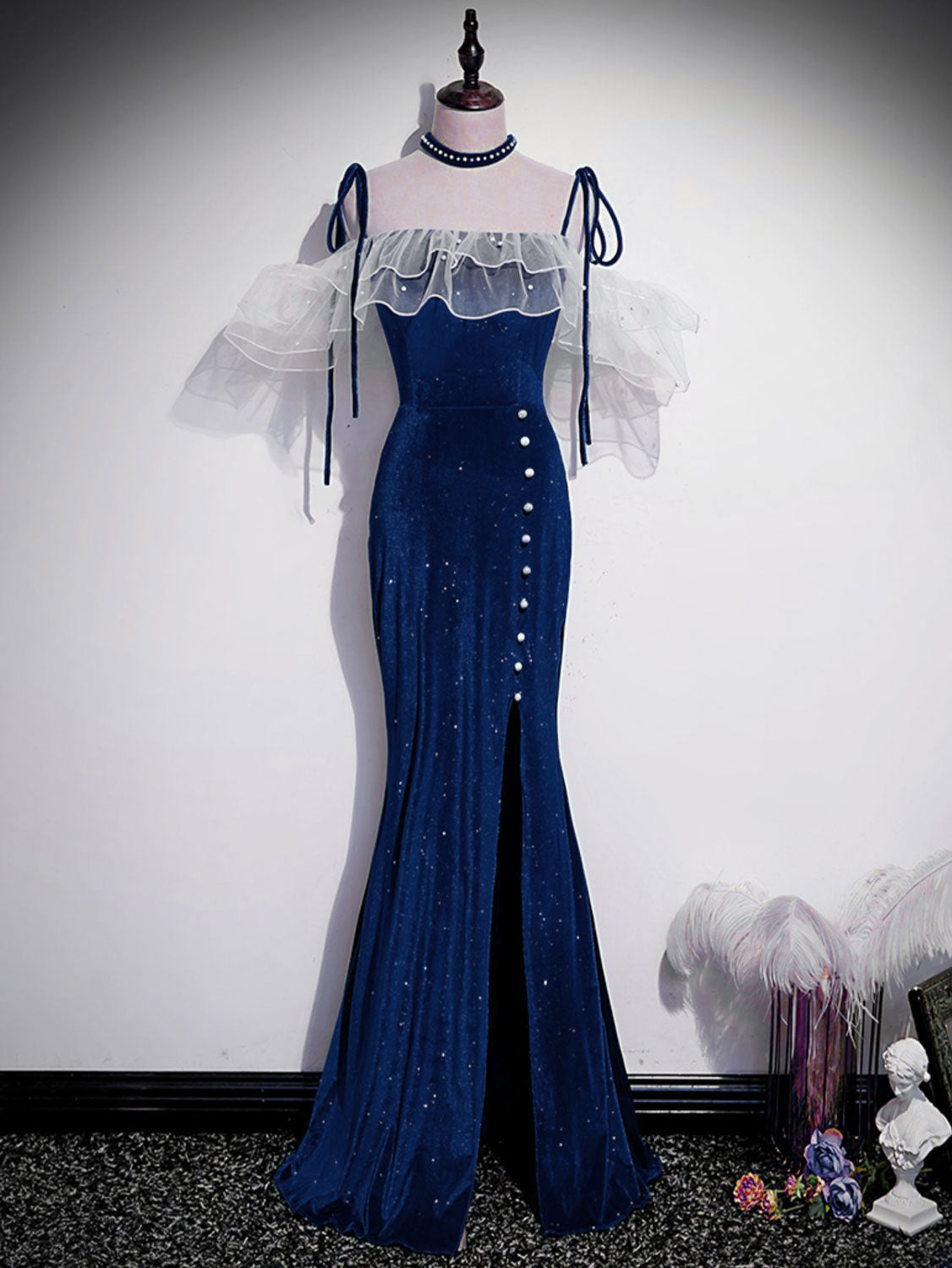 Unique Blue Velvet Long Prom Dress Trimmed with white ruffles - DollyGown