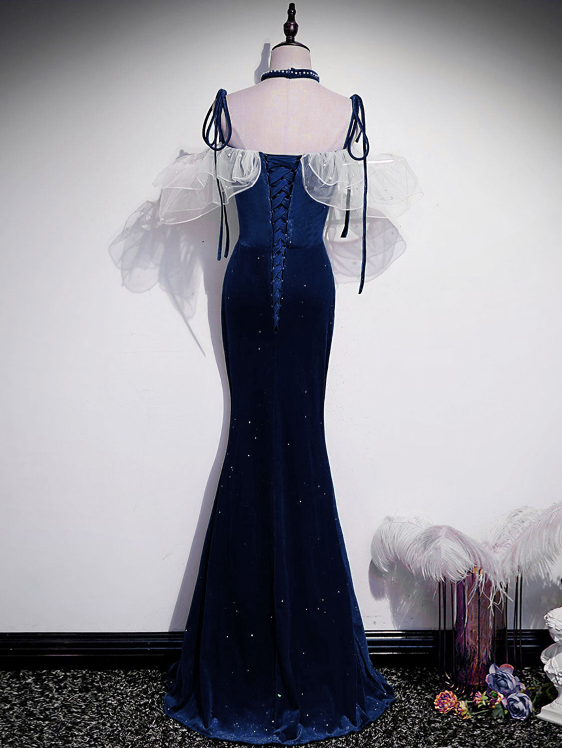 Unique Blue Velvet Long Prom Dress Trimmed with white ruffles - DollyGown