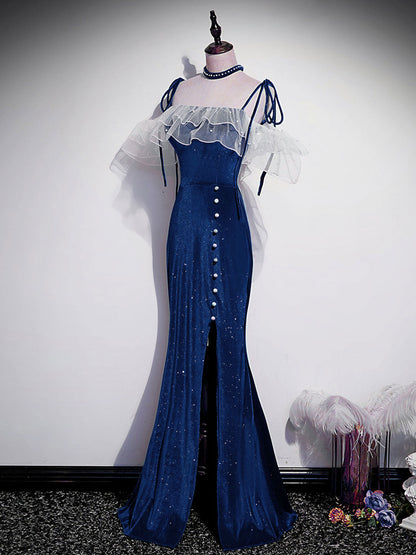 Unique Blue Velvet Long Prom Dress Trimmed with white ruffles - DollyGown