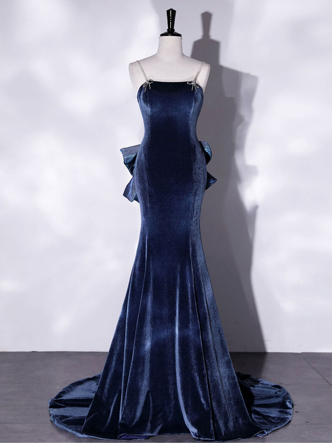 Spaghetti Strap Blue Velvet Mermaid Prom Dress with Big Bow Back - DollyGown