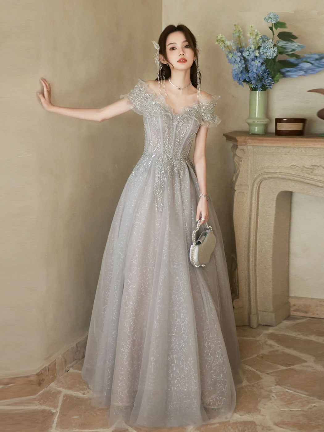 off shoulder silver dress Off-the Shoulder Long Mermaid Prom Dress with Beads Smoky Blue / 16