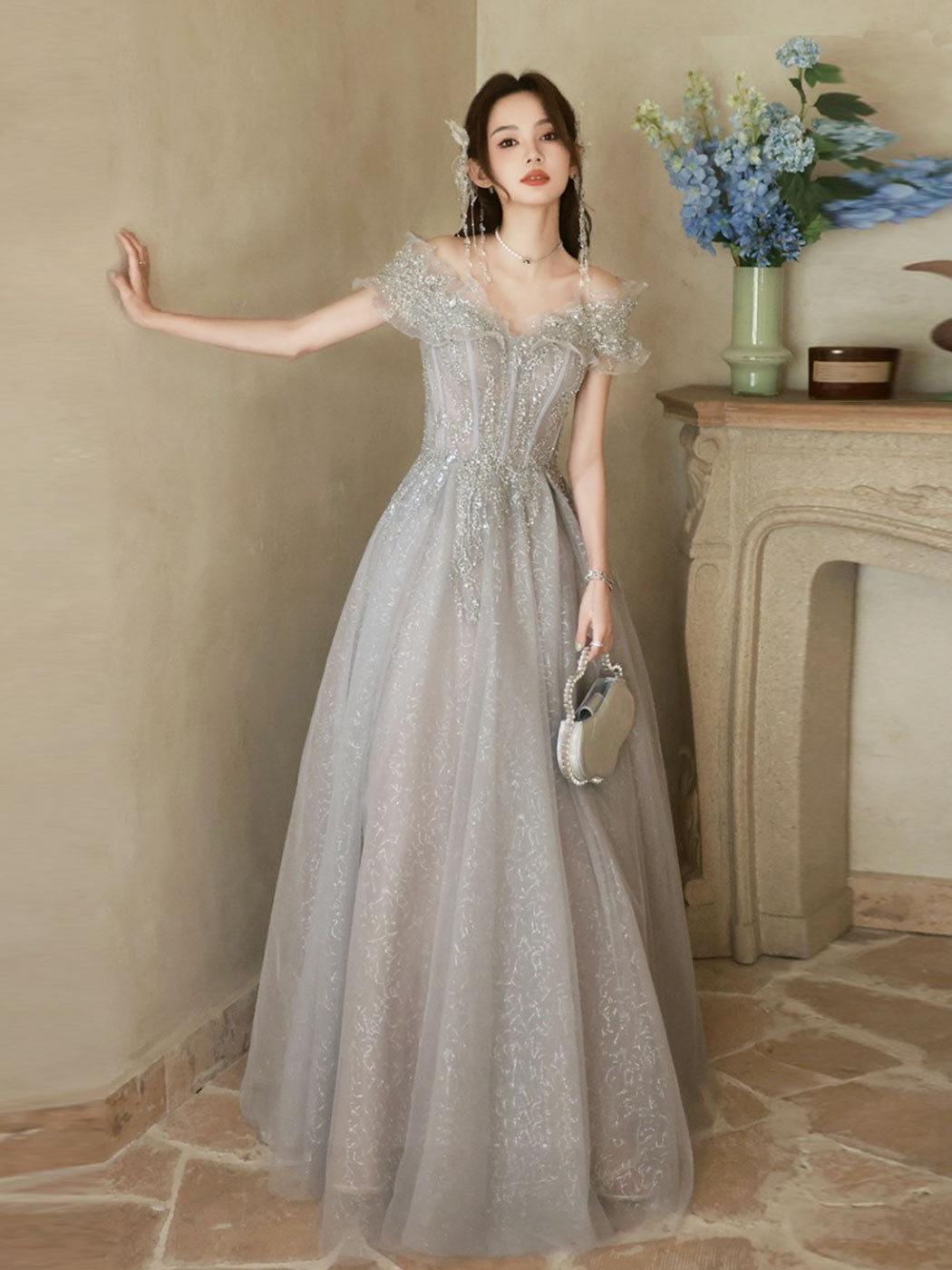 Sparkly Silver Grey A-line Maxi Off The Shoulder Prom Dress - DollyGown