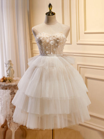 Cute White Strapless Sheer Teried Tulle Party Dress Homecoming Dress - DollyGown