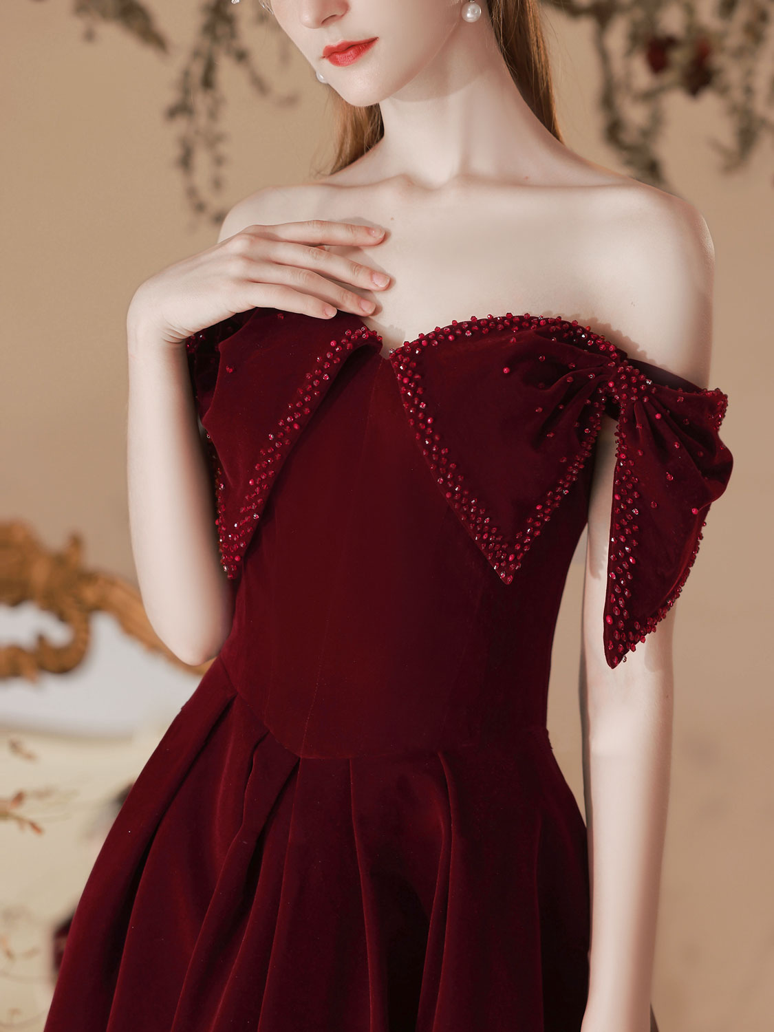 Classy Off The Shoulder Burgundy Velvet Prom Dress Classy Off The Shoulder Burgundy Velvet Prom Dress