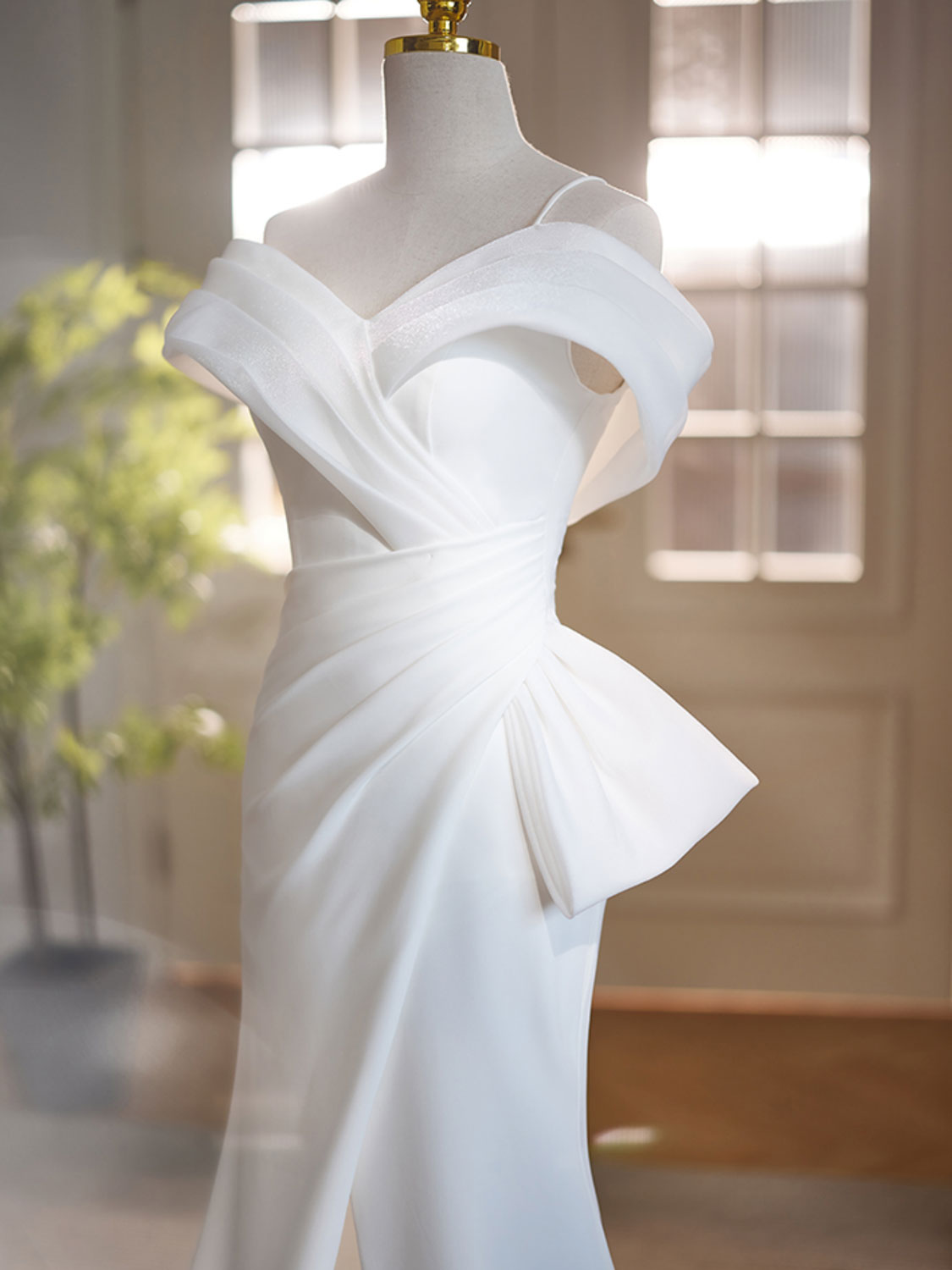 White Off Shoulder Satin Long Evening Dress