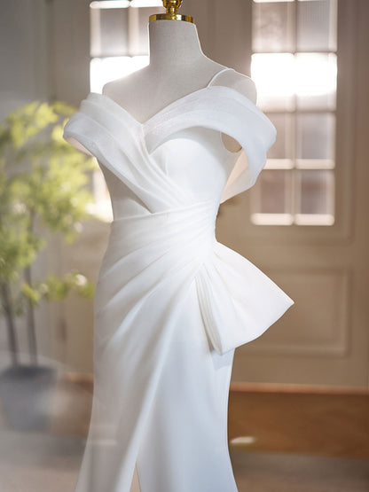 White Off Shoulder Satin Long Evening Dress, White Formal Dress with Slit - DollyGown