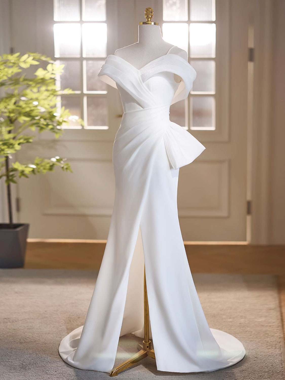 White Off Shoulder Satin Long Evening Dress, White Formal Dress with Slit - DollyGown