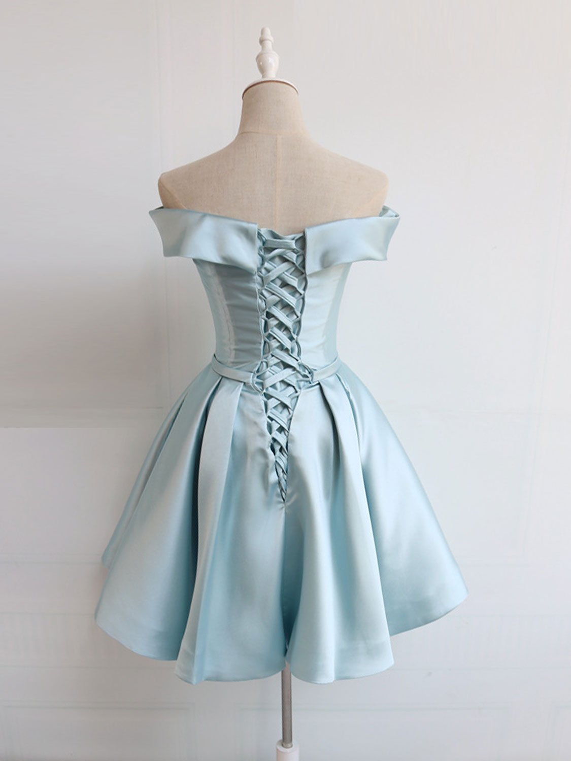 Light Blue Off The Shoulder Satin Homecoming Dress 8th Grade Dance Dress - DollyGown