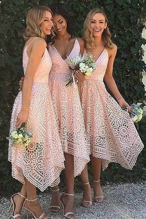 Stylish Asymmetrical Navy Blue Tea Length Lace Bridesmaid Dresses Stylish Asymmetrical Navy Blue Tea Length Lace Bridesmaid Dresses