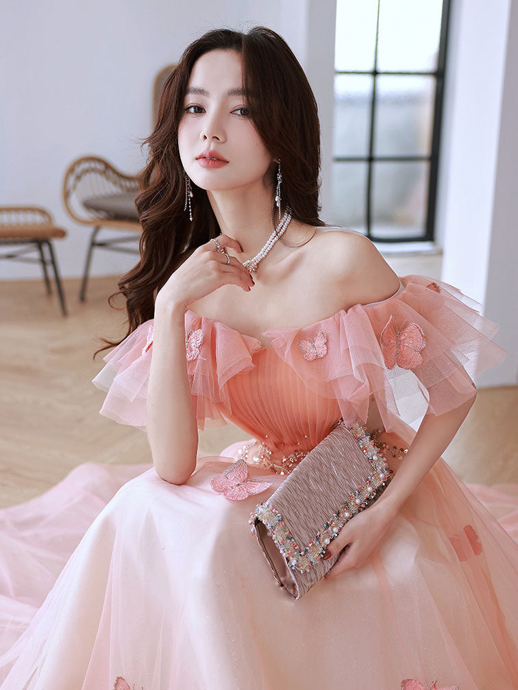 Peach Pink Off The Shoulder A-line Maxi Long Prom Dress - DollyGown