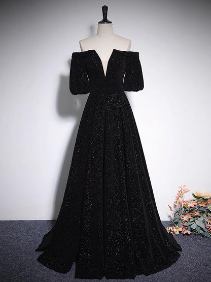 Black Off The Shoulder Velvet Evening Dress Prom Dress - DollyGown