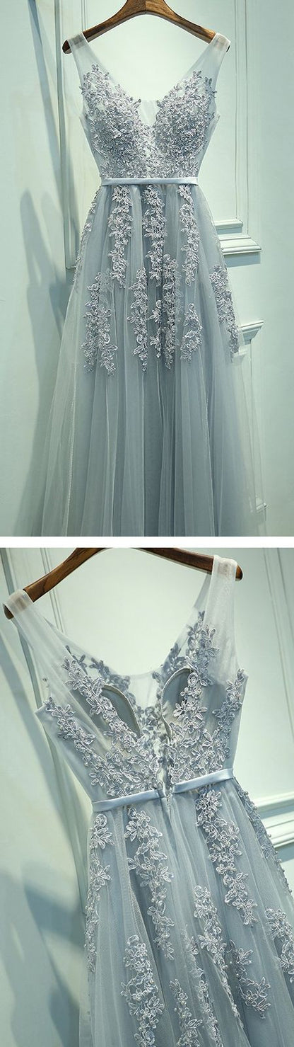 Grey Prom Dress,Long V-Neck A line Lace Tulle Cheap Prom Dress,Evening Dress,201707204-Dolly Gown