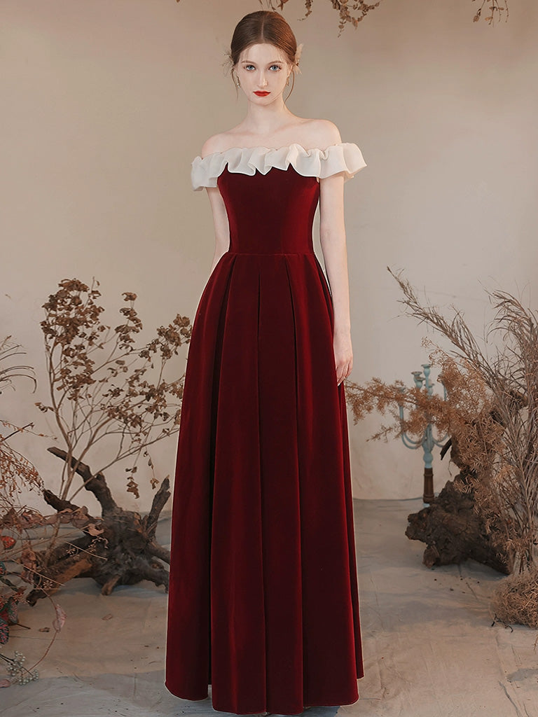 Sweet Burgundy Off The Shoulder A-line Long Prom Dress - DollyGown
