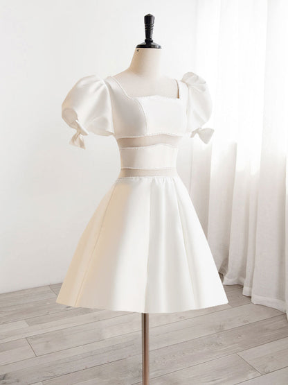 Square Neck White Occasion Homecoming Dresses white Bubble Sleeves - DollyGown
