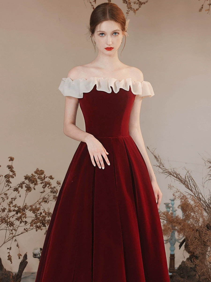 Sweet Burgundy Off The Shoulder A-line Long Prom Dress - DollyGown