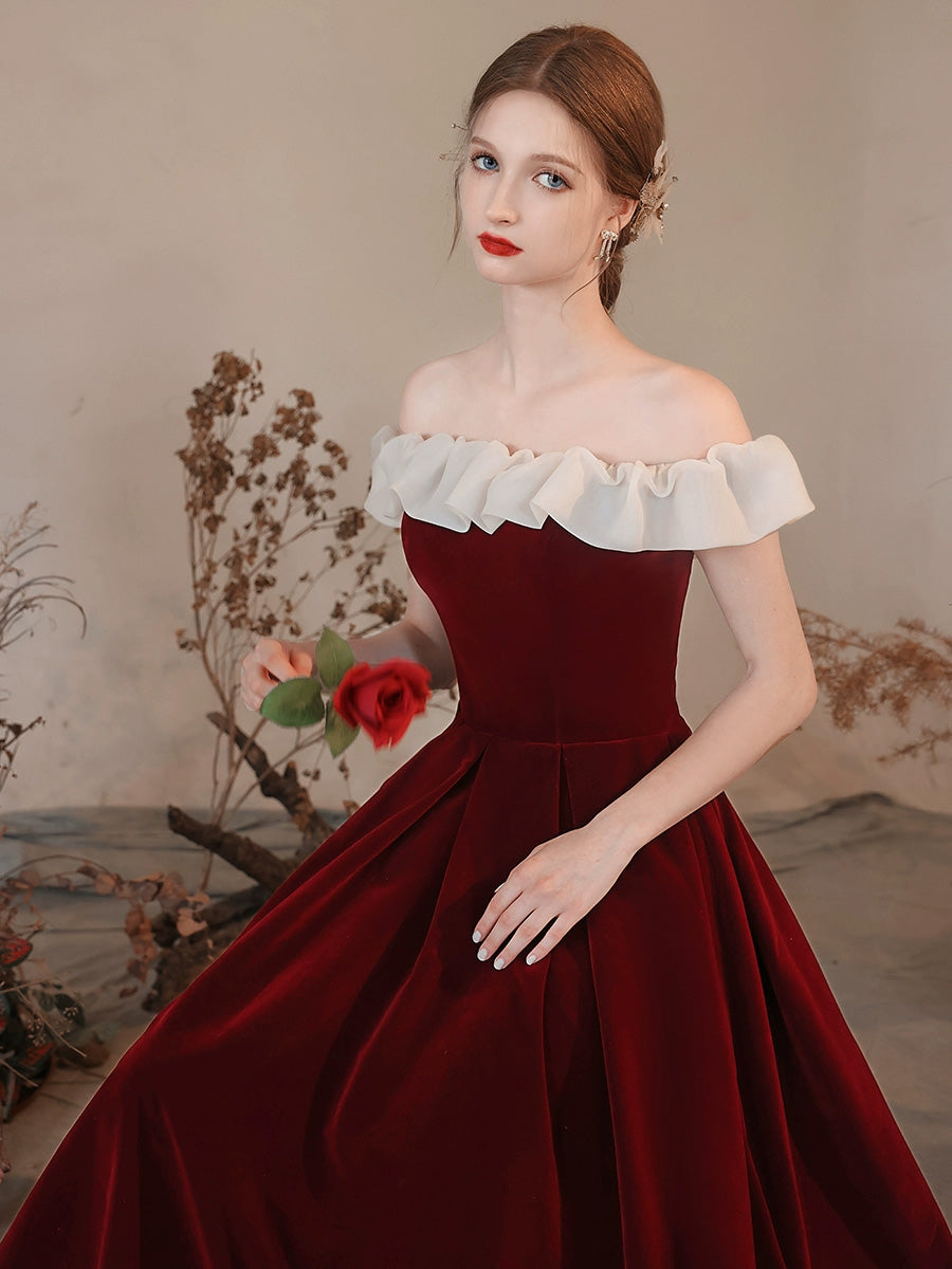 Sweet Burgundy Off The Shoulder A-line Long Prom Dress - DollyGown