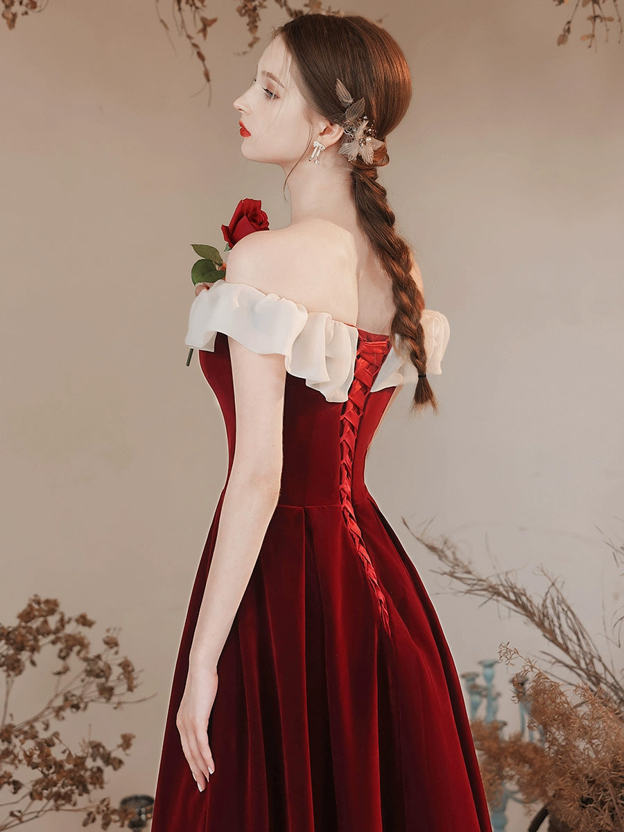 Sweet Burgundy Off The Shoulder A-line Long Prom Dress - DollyGown