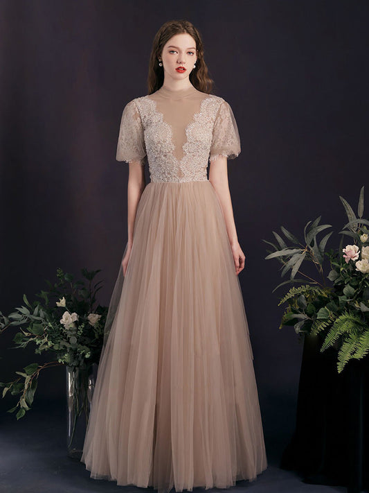 Modest See Through Sheer Prom Dress with Short Sleeves - DollyGown