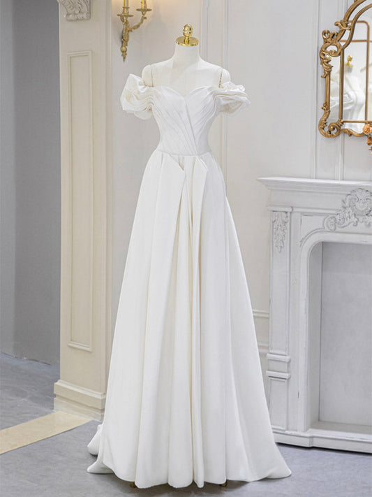 Off The Shoulder A-line Satin Courthouse Wedding Dress - DollyGown