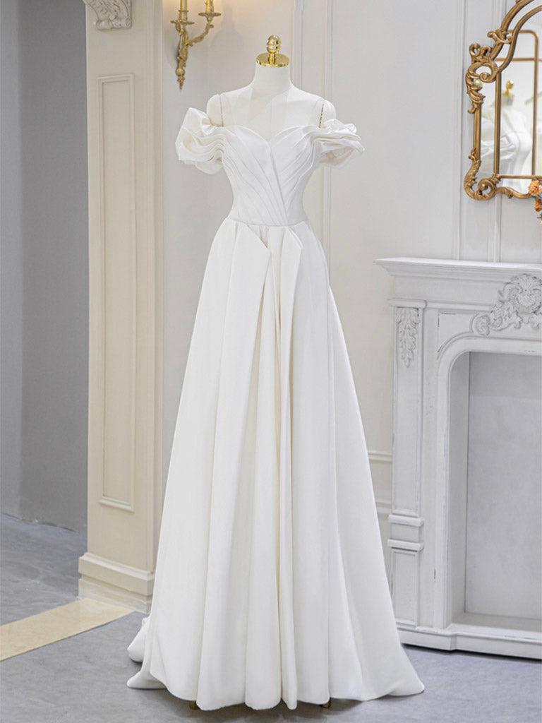 Off The Shoulder A-line Satin Courthouse Wedding Dress