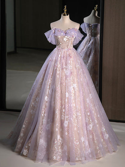 Delicate Floral Lace Off The Shoulder Ball Gown Illusion Prom Dress - DollyGown