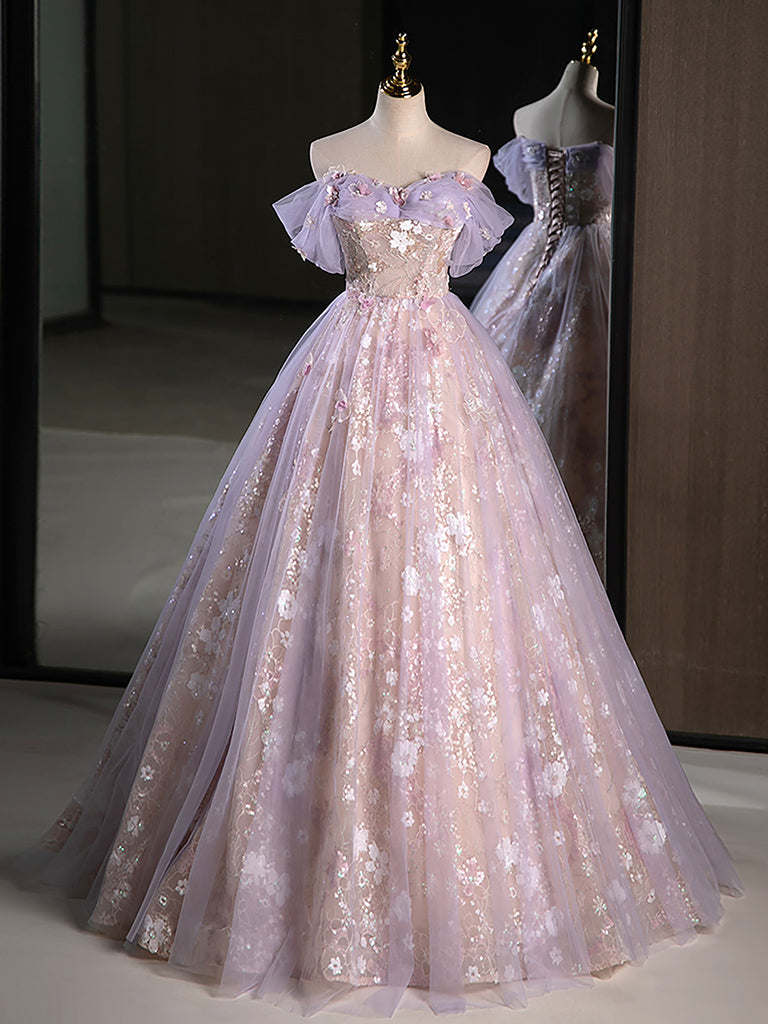 Delicate Floral Lace Off The Shoulder Ball Gown Illusion Prom Dress - DollyGown